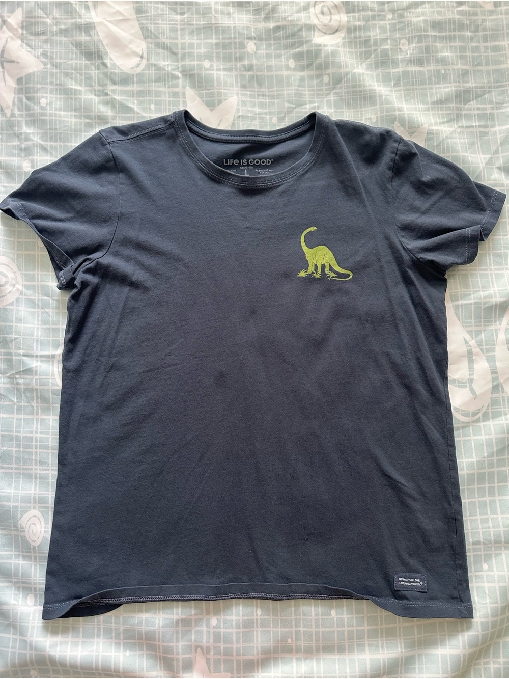 Life is Good Women's Navy T-Shirt with Lime Green Dinosaur Graphic